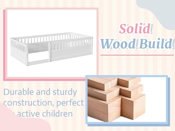 Montessori Twin Bed with High Rails for Kids, White