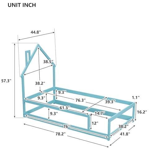 Pine Wood Twin Floor Bed with Safety Guardrail & House Headboard for Kids