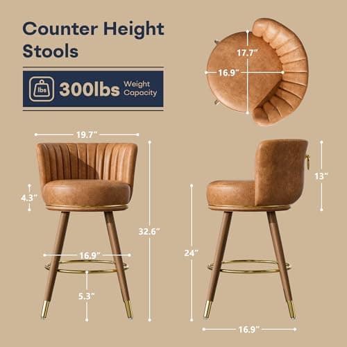 4 Pack Swivel Bar Stools with Back, Brown Kitchen Counter Height Chairs