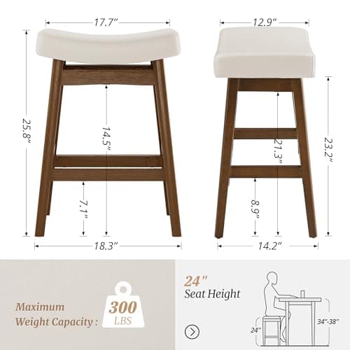 Antique White Leather Bar Stools Set of 3, Sturdy Wood Legs, 24 Inch Farmhouse Counter Height