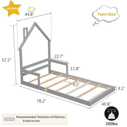 Grey House-Shaped Twin Bed Frame for Kids,No Box Spring Needed