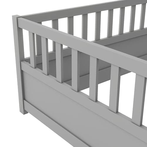 Montessori Twin Size Floor Bed with High Fence & Door (Gray)