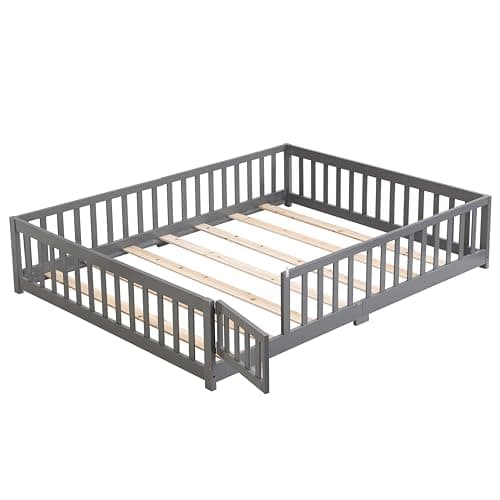 Queen Size Pine Wood Floor Bed Frame with Door and Rails - Grey