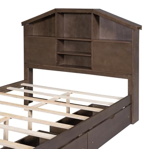 i-POOK House-Shaped Storage Full Bed Frame with Drawers for Kids Teens Adults Walnut