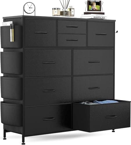 Lulive Black PU Storage Dresser with 10 Drawers & Side Pockets