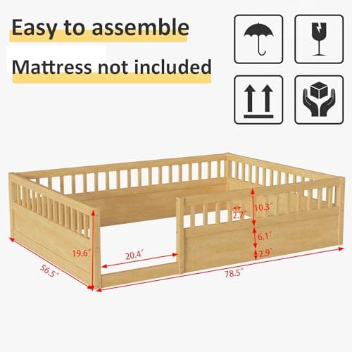 Full Size Montessori Floor Bed with High Fence, Natural Wood for Kids