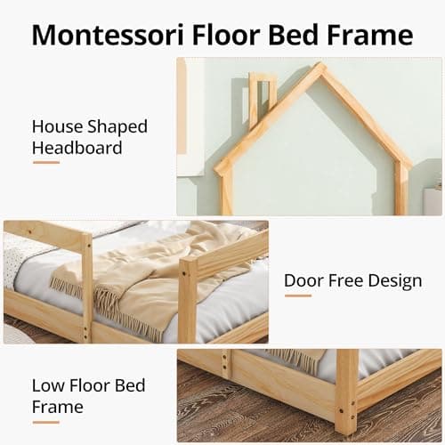 Solid Wood Montessori Floor Bed for Toddlers - Twin Size with House Shaped Headboard
