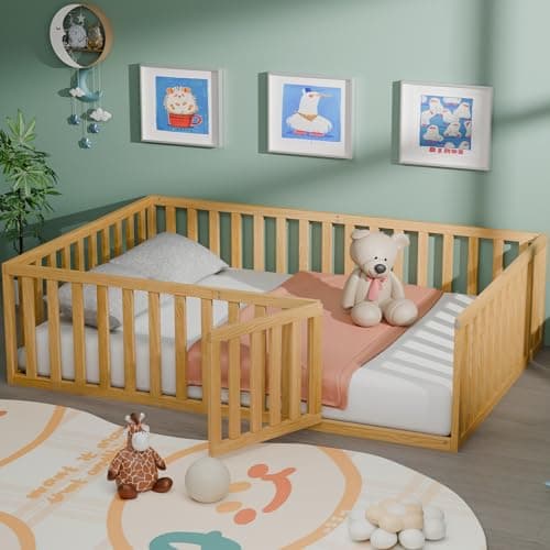 Twin Size Wood Montessori Bed with Guardrails & Detachable Door, White