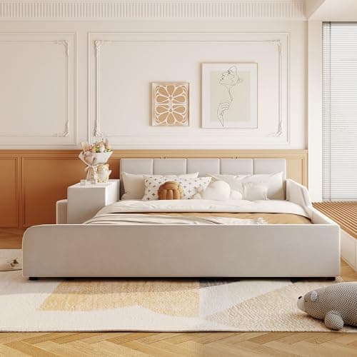 Beige Velvet Upholstered Queen Bed with Desk & Stool, No Box Spring Required