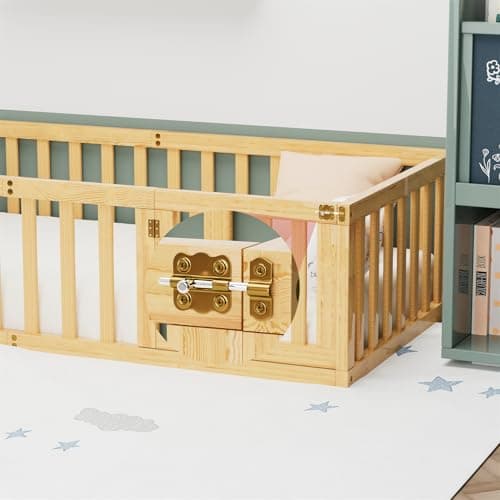 Montessori Twin Size Floor Bed for Children, Wood Frame with Fence & Door, Natural Color
