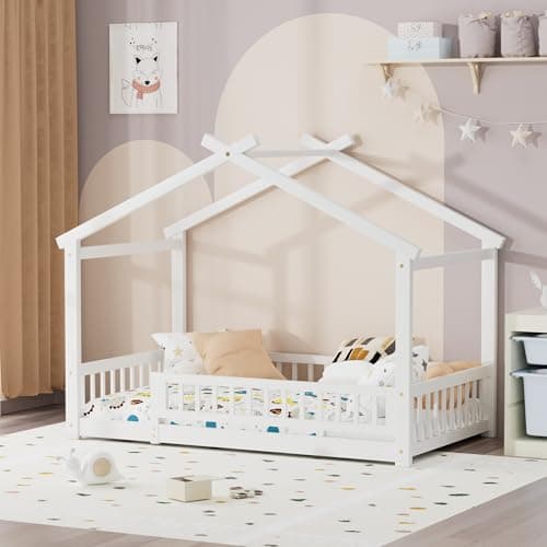Twin Size Wooden Montessori Bed with Guardrails & Roof, No Box Spring Needed,Natural