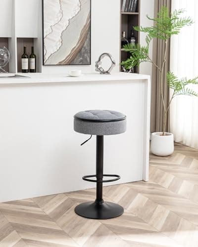 Round Storage Bar Stools Set of 2 with Adjustable Height, Swivel Linen Bar Chair for Kitchen Counter and Dining Room, Grey