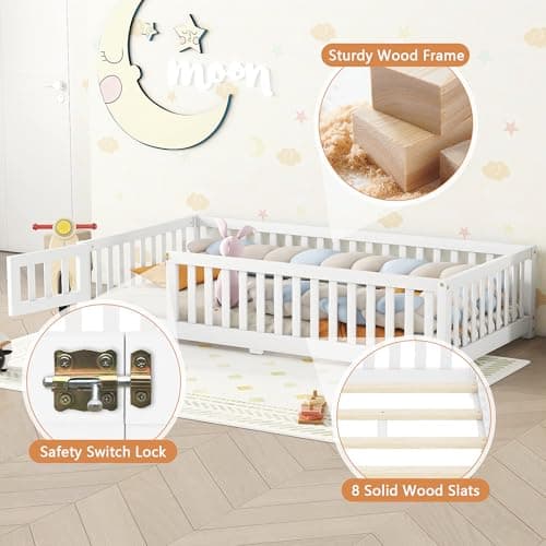 Montessori Twin Size Floor Bed with Door and Guardrail, White Wood Playhouse Bed