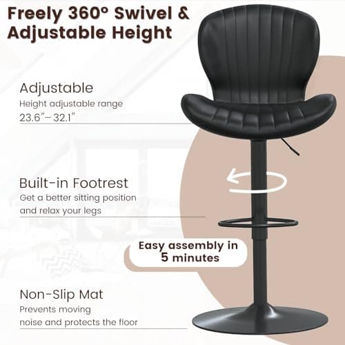Waleaf Modern Black Faux Leather Bar Stools Set of 2