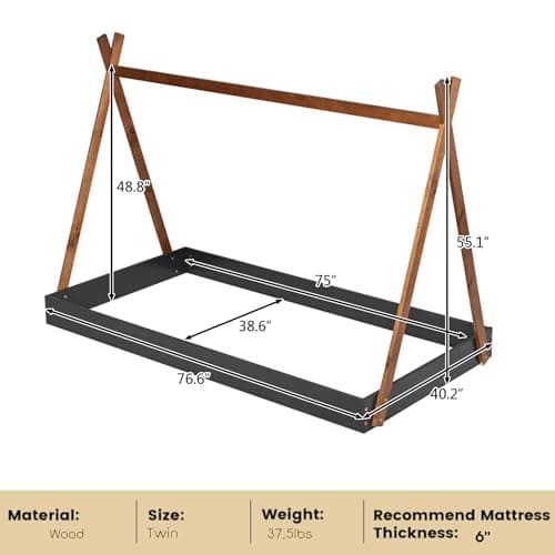 Montessori Style Black & Brown Wood Teepee Bed for Kids