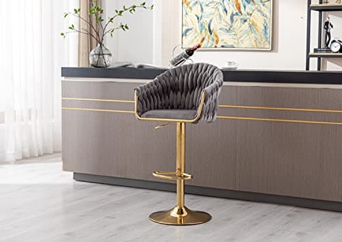 Swivel bar stools with footrest and back in vintage velvet upholstery, metal base, grey
