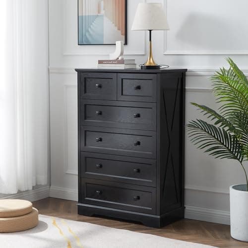 LDTTCUK 6-Drawer Farmhouse Dresser for Bedroom and Living Spaces, 48-Inch Tall, Black