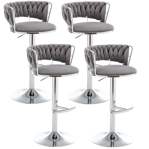 Beige Velvet Gold Bar Stools Set of 4, Counter Height, Low Back, Adjustable & Swivel