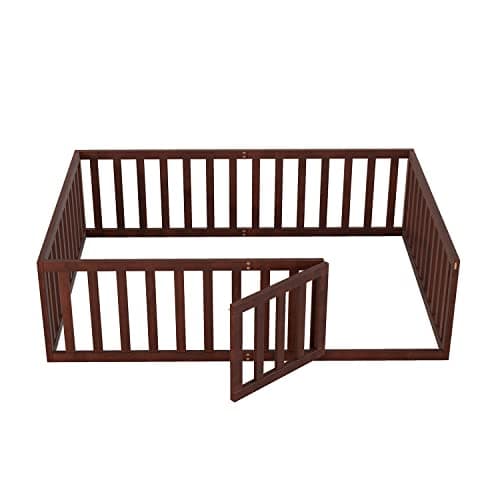 Full Size Montessori Bed Frame with Safety Guardrails and Door, Walnut