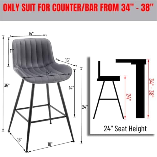 Modern Velvet Bar Stools, Grey with Black Legs, Set of 2 for Kitchen Island.