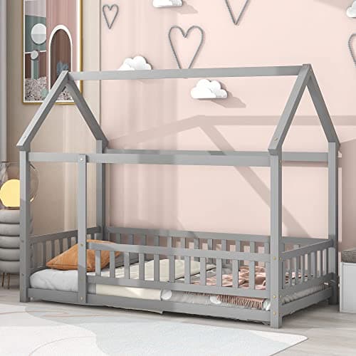 Solid Wood Platform Bed for Boys and Girls with Guardrails and Door Playhouse, Gray