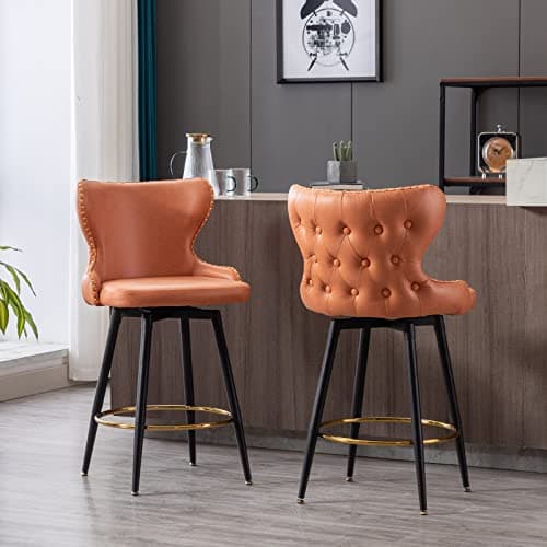 Fabric Swivel Bar Stools Set of 2, 25 Inch Counter Height with Tufted Back, Nailhead Trim and Metal Legs, Orange