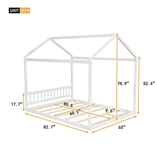 LUSPAZ Queen Size Wood House-Shaped Floor Bed Frame for Toddlers and Babies, Modern Montessori Design, No Box Spring Needed, White