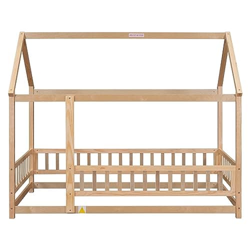 Montessori Twin Size Floor Bed Frame for Kids - Wooden House Design with Fence