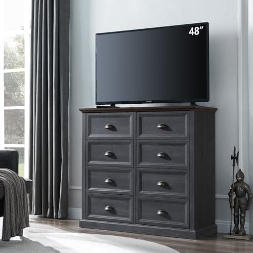 Rustic Dark Grey Farmhouse 8 Drawer Dresser, 39" Tall, Wood Organizer Storage