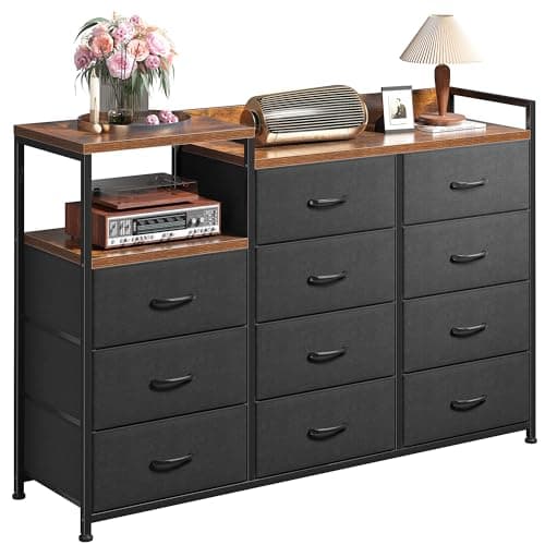 EnHomee Sturdy Metal Tall Dresser with 9 Drawers & 2 Shelves, Black Grey