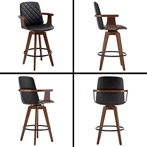 Set of 2 Upholstered Faux Leather Swivel Bar Stools with Wooden Arms and Legs, 25.6-Inch Seat Height (Black, 26 Counter Height)