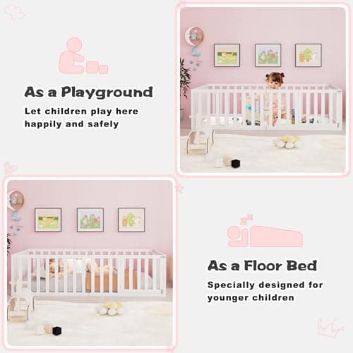 Twin Size Wood Montessori Bed with Guardrails & Detachable Door, White