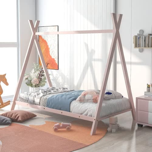 i-POOK White Metal Twin Bed Frame with Slats for Kids