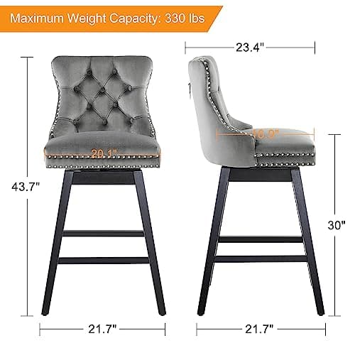 Premium Velvet Upholstered 360 Swivel Bar Stools, Counter Height, Grey, Solid Wood Legs, 30" Seat (Set of 4)