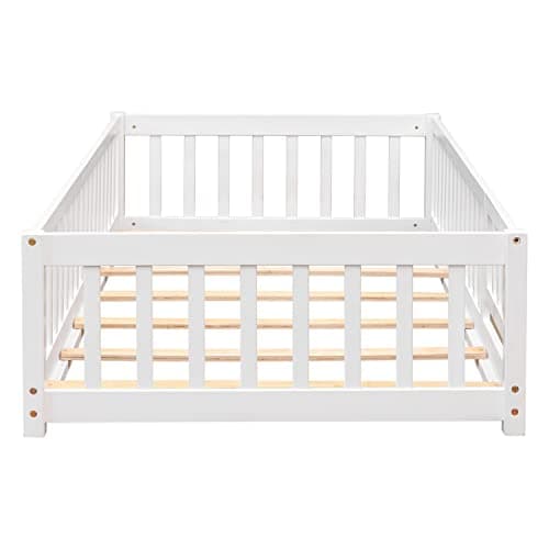 Montessori Twin Bed Frame with Convertible Door & Safety Rails, White