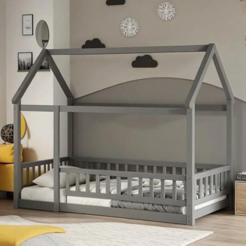 Montessori Floor Bed Frame with Roof & Fence, White, No Box Spring Needed