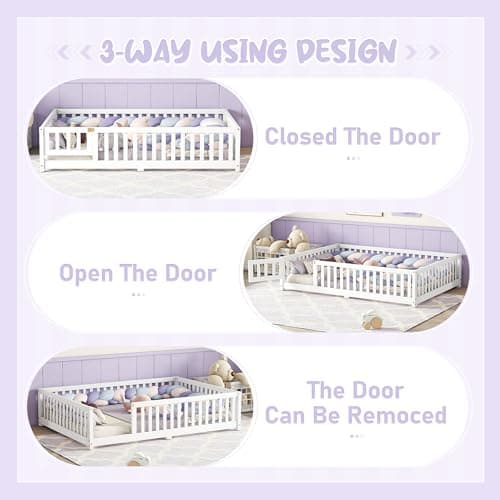 Montessori Wooden Floor Bed Frame with Fence & Headboard, White