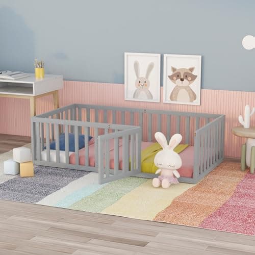Montessori Floor Bed for Children Boys and Girls, White Wood Frame with Fence and Door