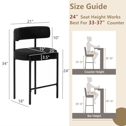 Mid-Century Modern Black Boucle Bar Stools, Set of 3, 24'' High, Kitchen Island Dining Room
