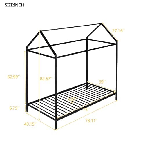 Bellemave Metal Twin Floor Bed for Kids, Black with Roof