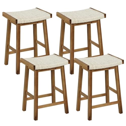 COSTWAY 25.5-inch Seaweed Woven Counter Height Kitchen Bar Stools, Set of 4, Rubber Wood & Acacia Frame