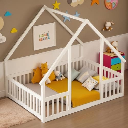 Twin Size Montessori Floor Bed with Fence, Natural Solid Wood Frame