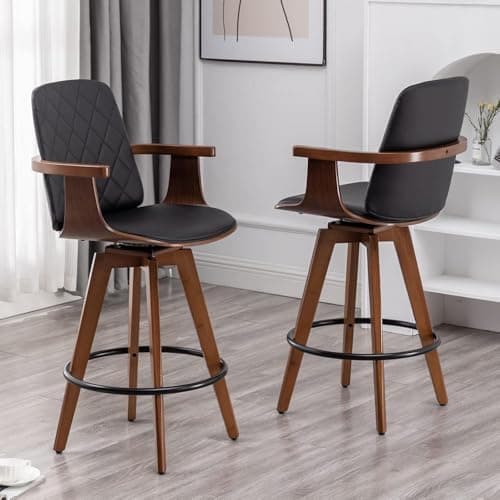 Set of 2 Upholstered Faux Leather Swivel Bar Stools with Wooden Arms and Legs, 25.6-Inch Seat Height (Black, 26 Counter Height)