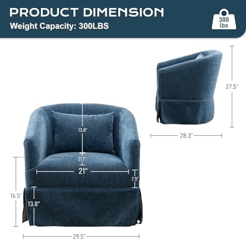 Blue Swivel Accent Chair with Skirt, Upholstered Swivel Barrel Chair - 360°Comfy Chenille Small Single Sofa Club Armchair