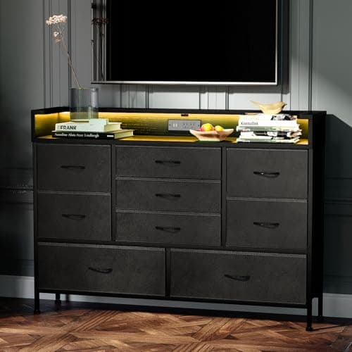 Black LED Dresser with 9 Drawers and Charging Station for Kid's Room or Living Space