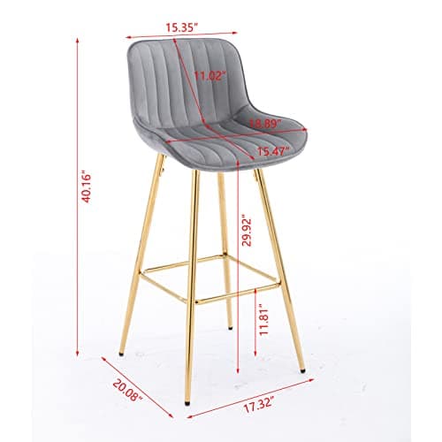 Modern Velvet Bar Stools Set with High Back and Footrest, Gray, 2 Pieces