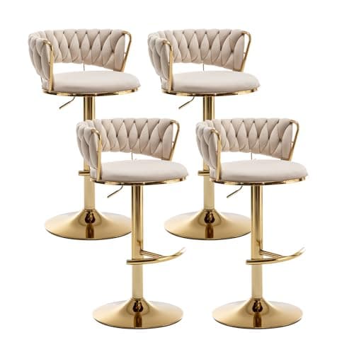 Beige Velvet Gold Bar Stools Set of 4, Counter Height, Low Back, Adjustable & Swivel