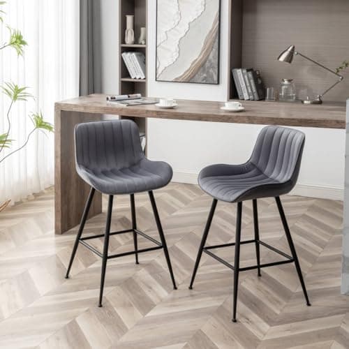 Modern Velvet Bar Stools, Grey with Black Legs, Set of 2 for Kitchen Island.