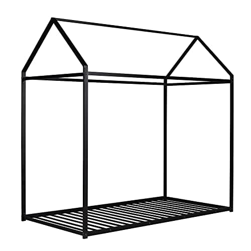 Bellemave Metal Twin Floor Bed for Kids, Black with Roof