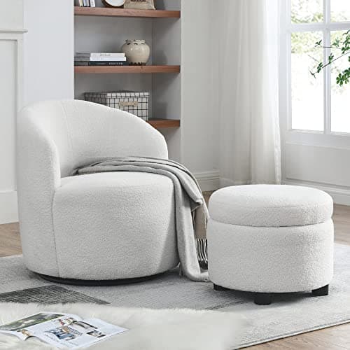 Swivel Barrel Chair with Storage Ottoman in White
